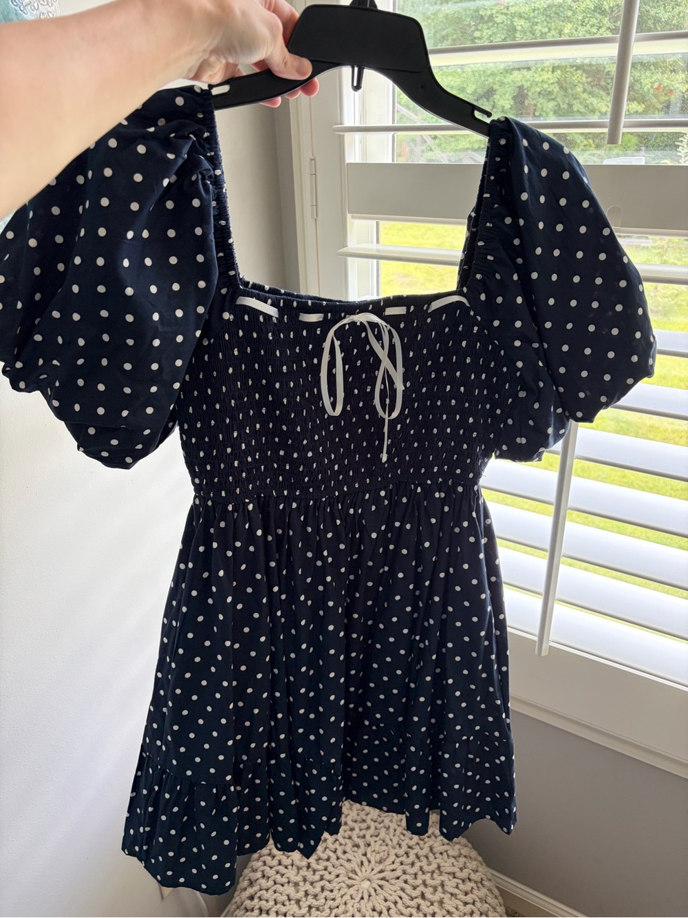 Navy Polka Dot Puff Sleeve Mini Dress